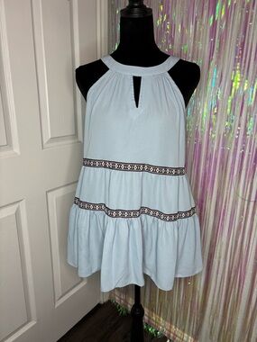 Cato Light Blue Women's Halter Top Tunic W/ embroidered Details & keyhole Blouse